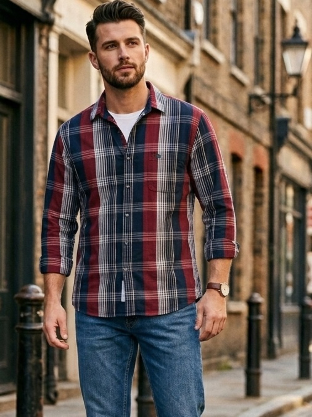 Burberry Brit Shirt Men Size M-L Blue Plaid Cotton Long Sleeve Button Up Casual